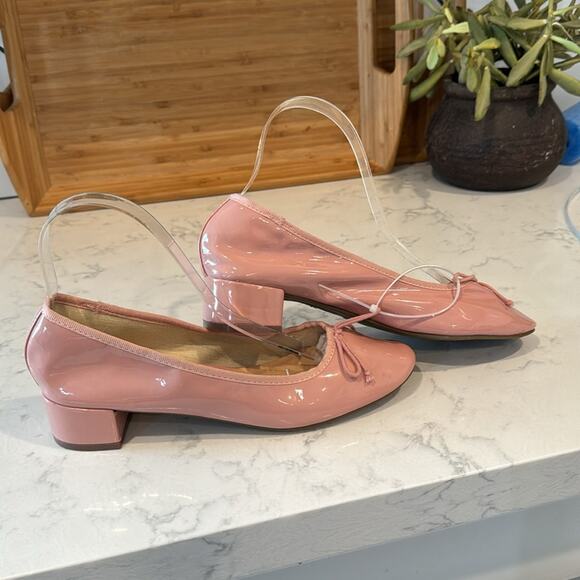 Topshop pink  bow tie mid block heel round toe faux patent leather office size 7 - Picture 7 of 11